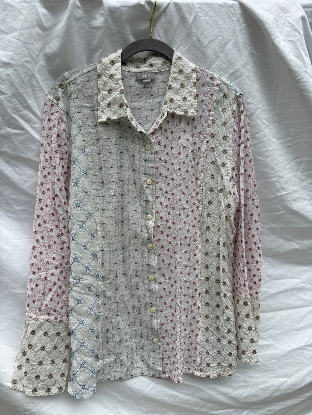 J. Jill White Button-Down Shirt with Pink, Brown, and Blue Embroidered Panels - Picture 1 of 12